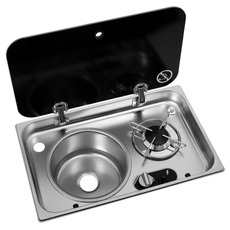 Miniature Réchaud combiné - 1 FEU & 1 ÉVIER ( A GAUCHE) - 526 x 326 mm - NOIR/ARGENT - CARBEST N° 0