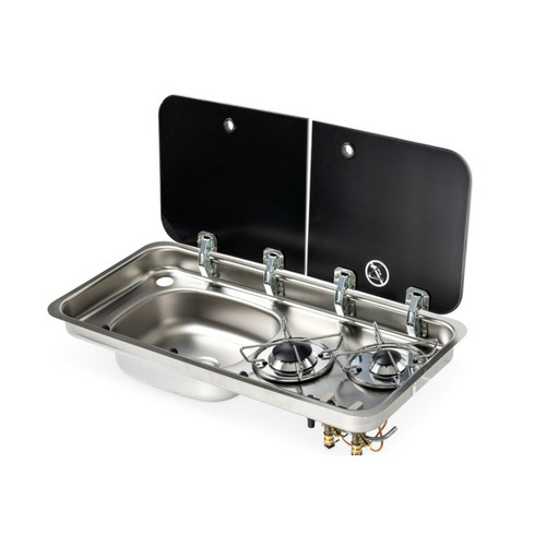 Réchaud combiné - 2 FEUX & 1 ÉVIER (A GAUCHE )  -  726 x 346  mm - NOIR/ARGENT - CARBEST