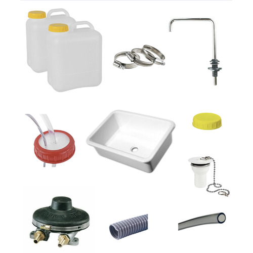 Pack évier complet avec pompe à pied, robinet, tuyaux, double jerrican et accessoires – Installation eau mobile pour camping-car, caravane et fourgon aménagé