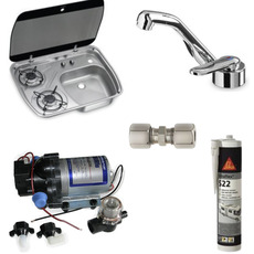Miniature Pack cuisine & eau/gaz – DOMETIC HSG 2445 + COMET AC539 + SHURFLO 7 L/min + GOK 8 mm + SIKAFLEX 522 N° 0