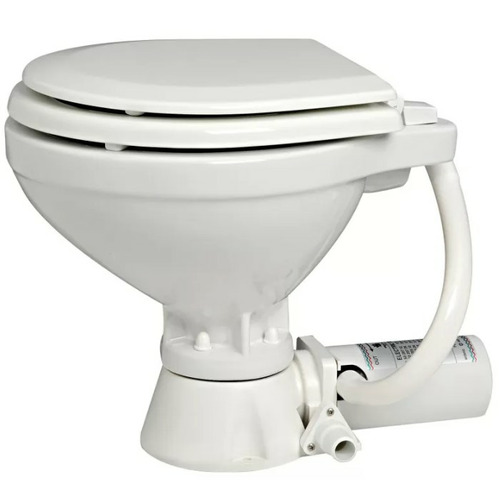 WC électrique compact 24V à broyeur – cuvette porcelaine, lunette bois laqué blanc – OSCULATI