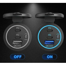 Miniature Prise charge rapide encastrable - USB-C (x2) + USB-A (x1) - avec voltmètre LED et interrupteur N° 1