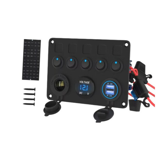 Panneau de commande multifonctions à 5 interrupteurs – USB, 12 V et voltmètre LED